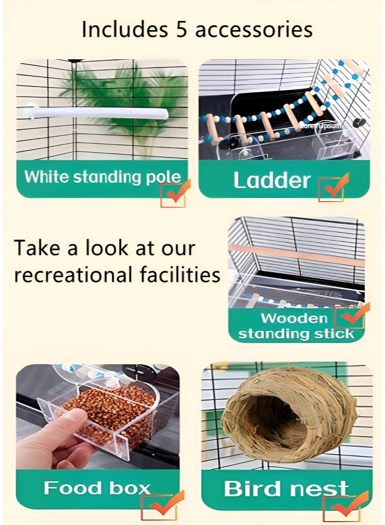 Metal Bird Cage Complete Set with 6 Accessories, Small Birdcage for Parakeets Budgies Lovebirds Canaries and Finches, Portable Parrot Cage with Perches, Feeders, Ladder and Nest, Easy Clean, 37 × 28 × 63 cm, Black - Image 3